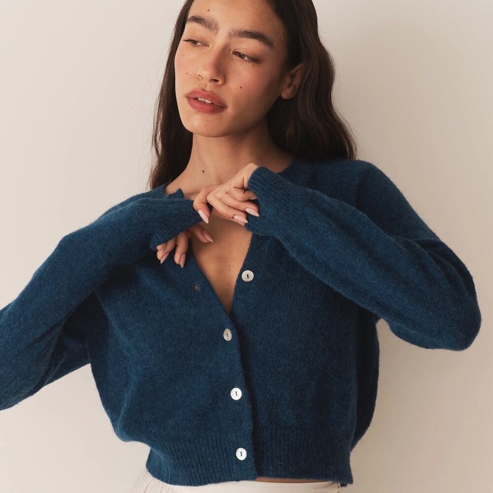 Nwt Doen Petra Alpaca Merino Wool Button Knit Cardigan Sweater Blue Sapphire
